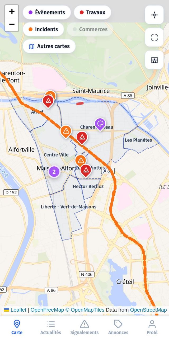Carte de la ville sur téléphone avec événements, travaux et incidents