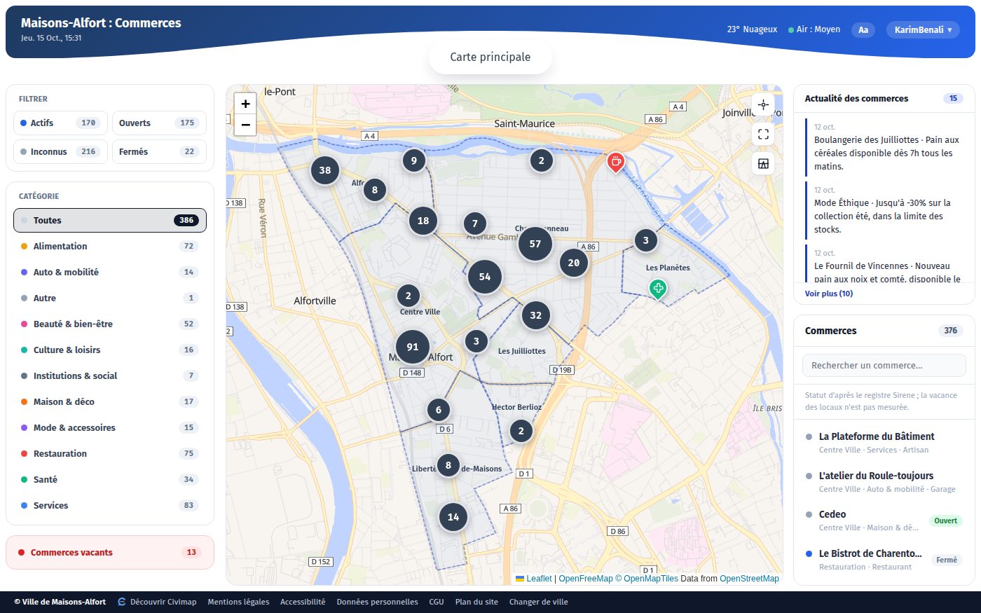 Carte des commerces filtrée sur les commerces ouverts