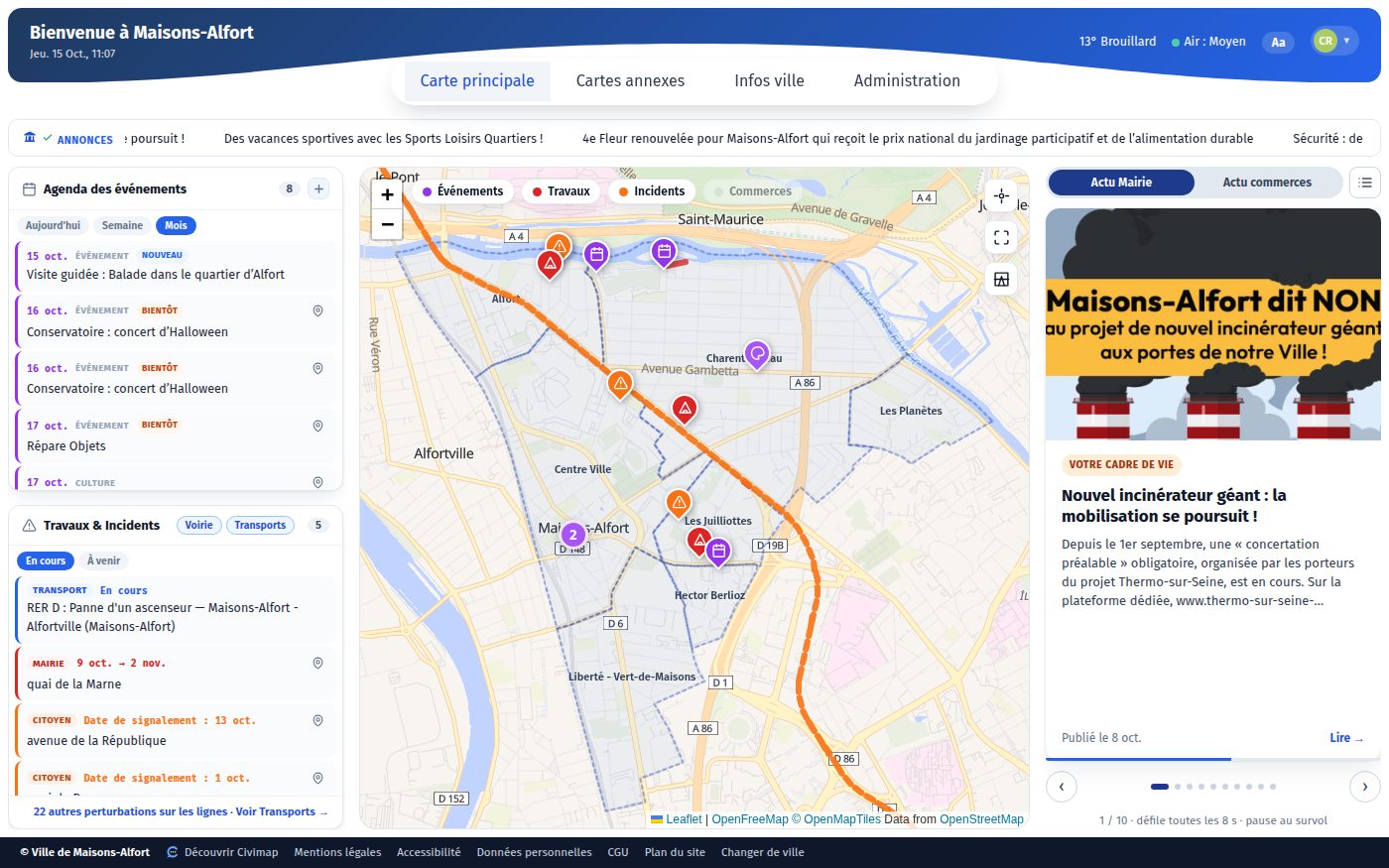Accueil de la ville : agenda des événements, travaux et incidents, annonces de la mairie autour de la carte