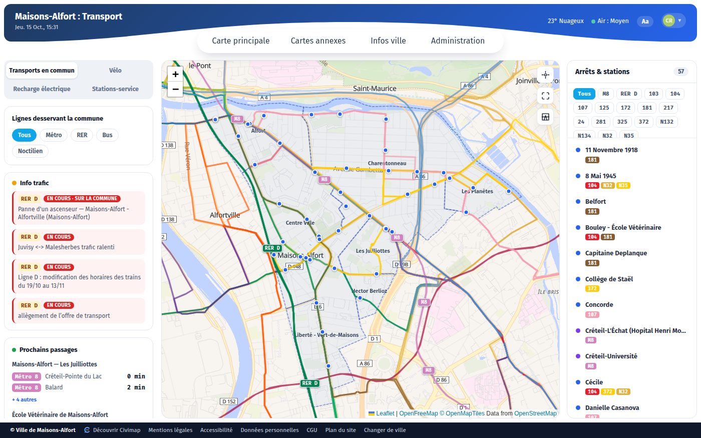 Carte des transports avec lignes, arrêts et info trafic